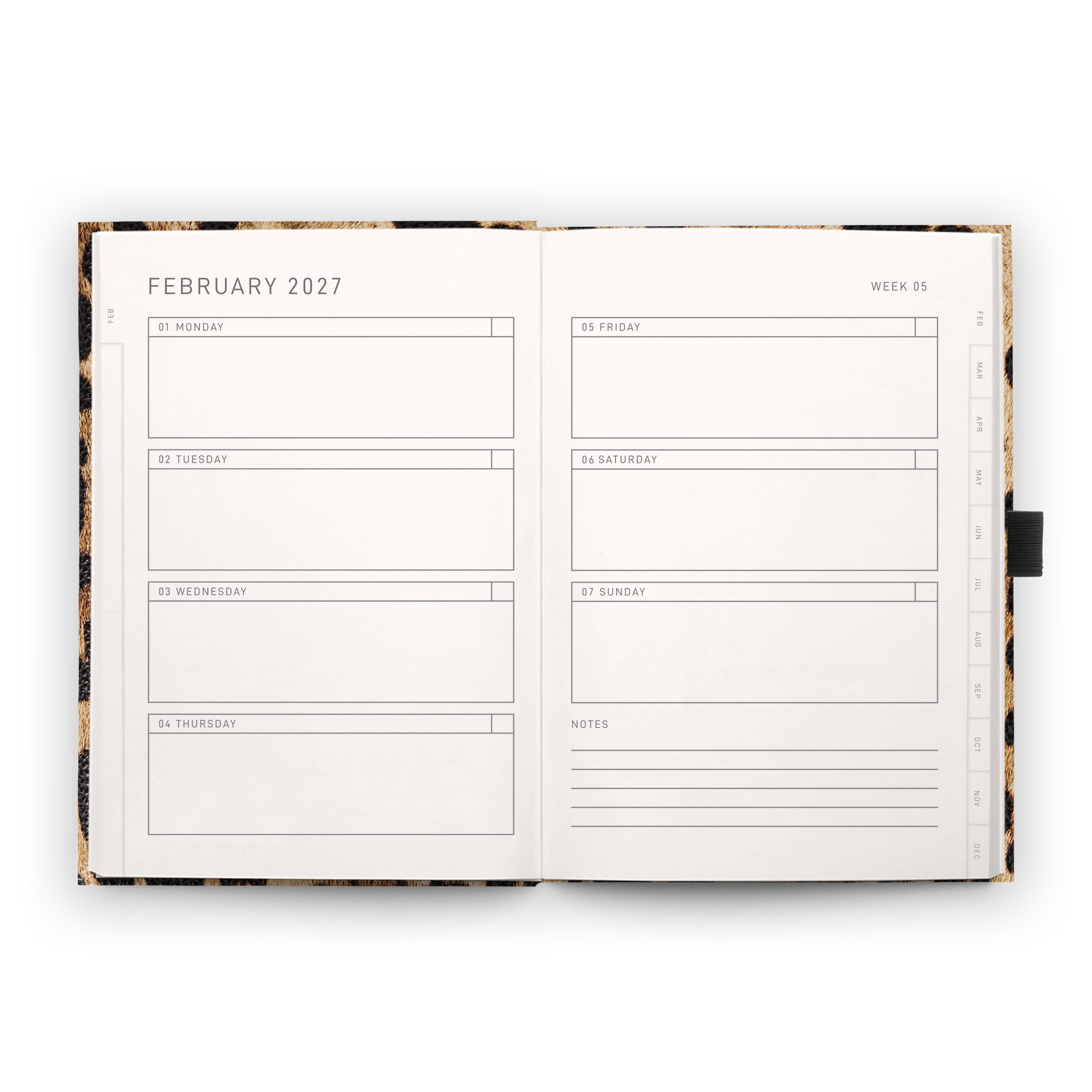 Open weekly planner spread inside the 2027 A6 Diary | Savanna