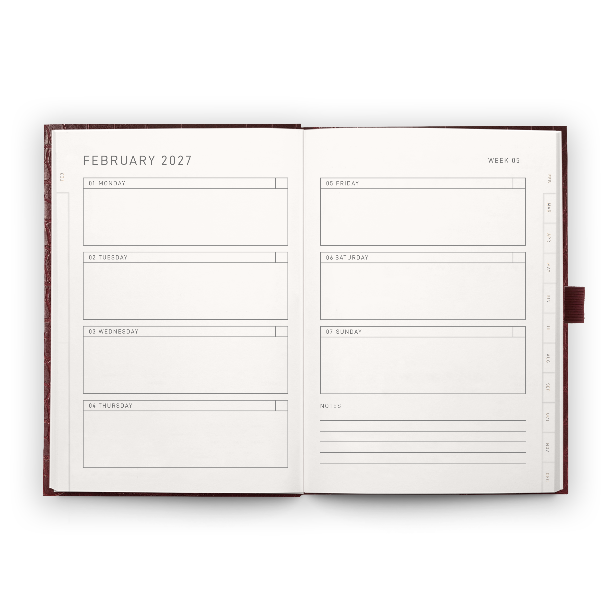 Open weekly planner spread inside the 2027 A6 Diary | Espresso Croc