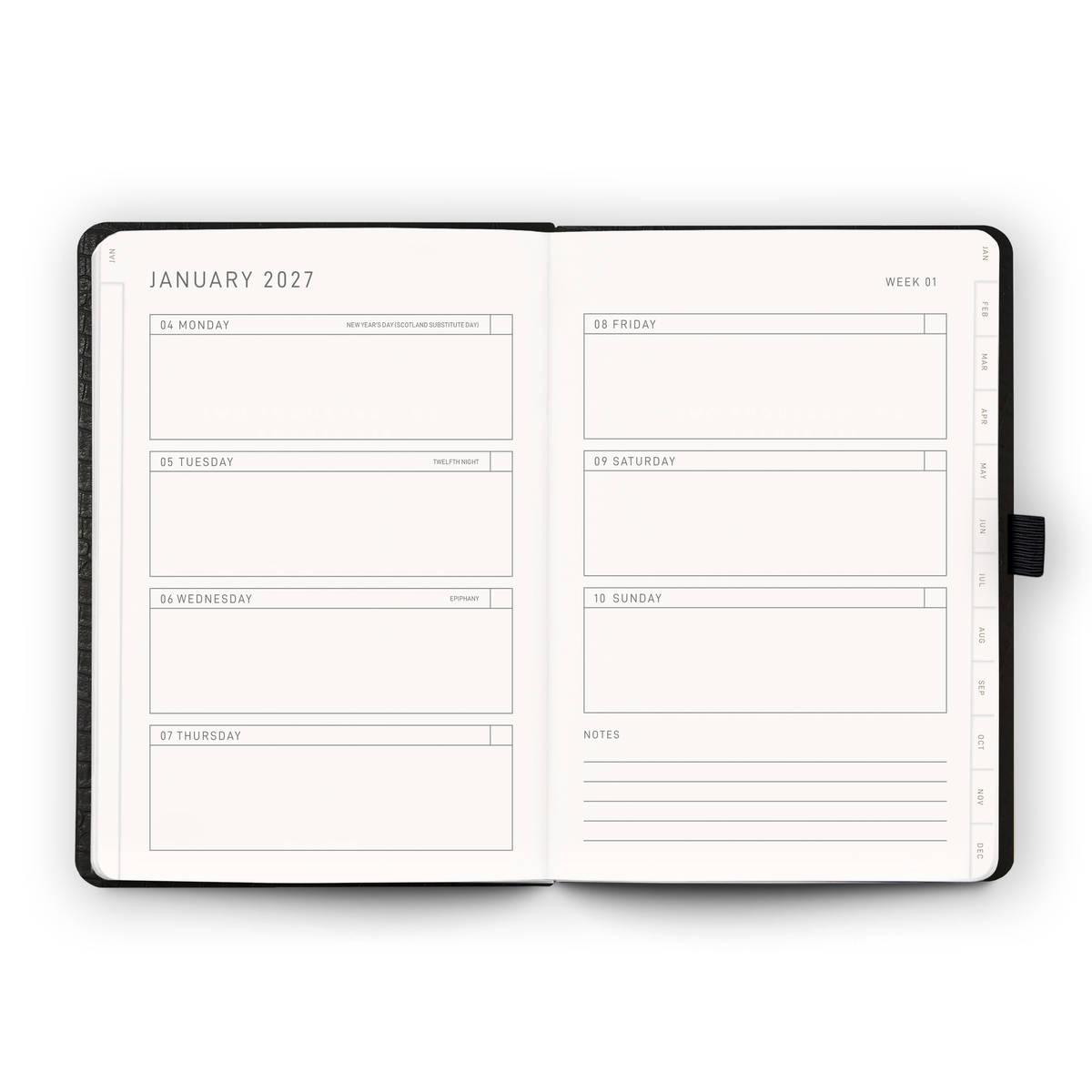 Open weekly planner spread inside the 2027 Weekly Diary | Black Croc