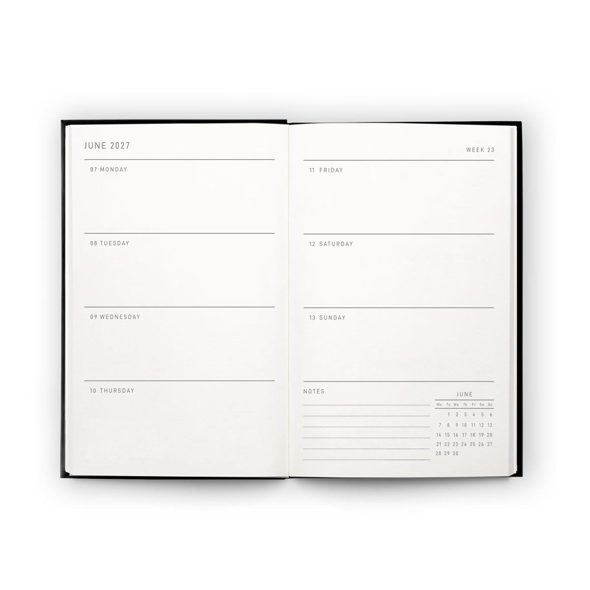 Open weekly planner spread inside the 2027 Pocket Diary | Gold Bee