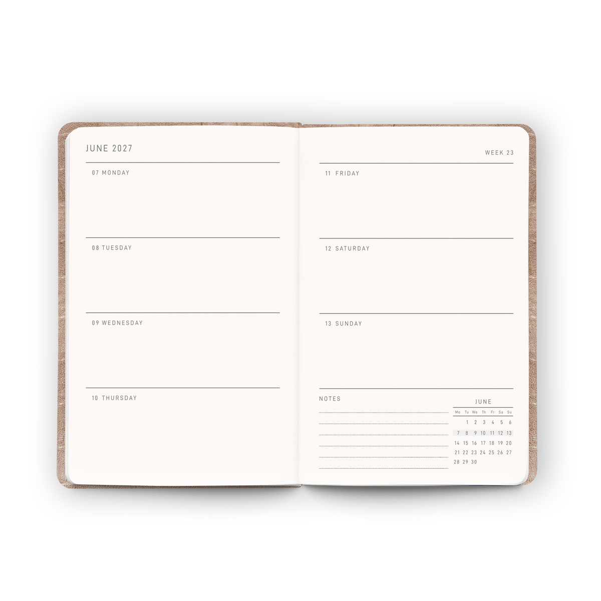 Open weekly planner spread inside the 2027 Pocket Diary | Sahara Croc