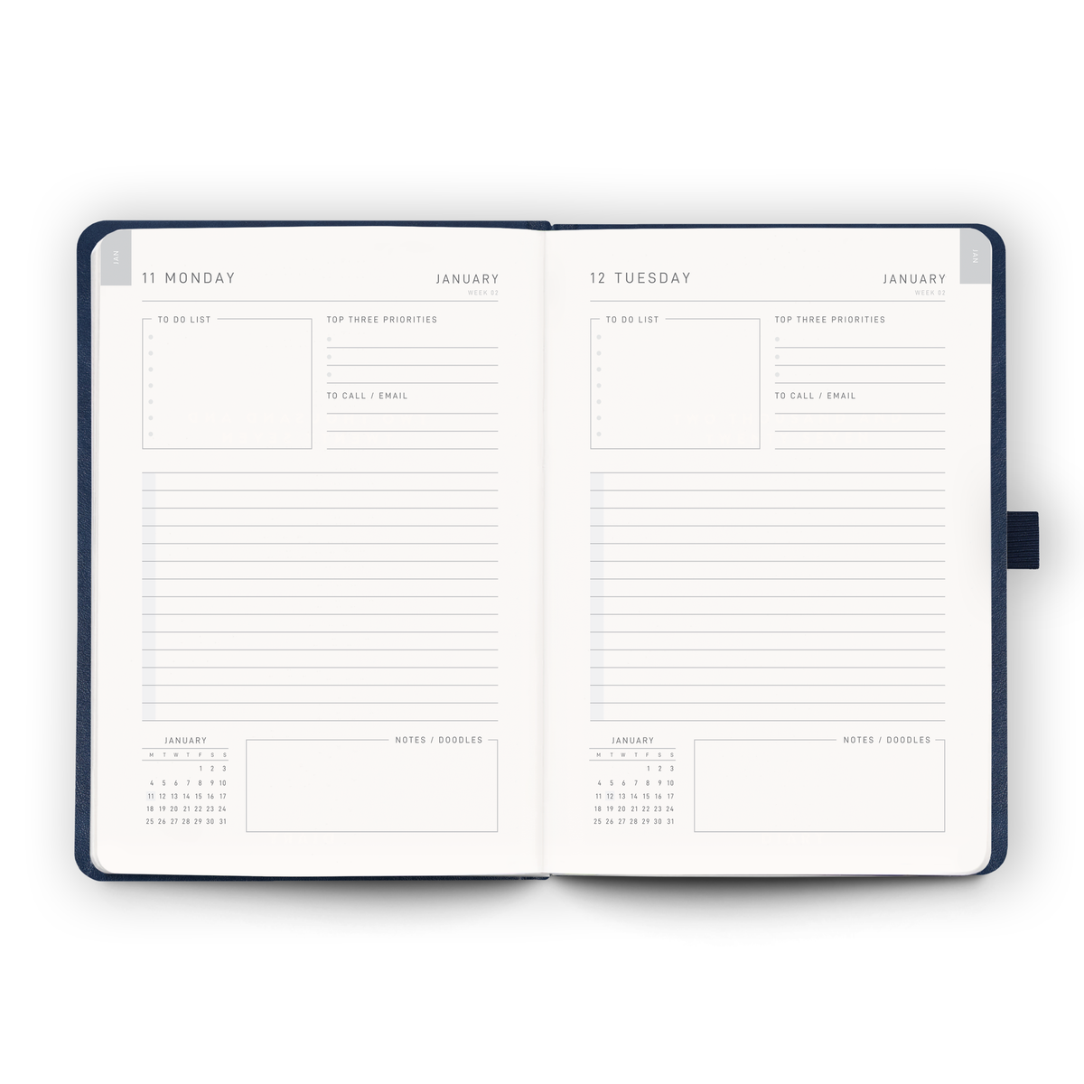 Open weekly planner spread inside the 2027 Daily Diary | Ink