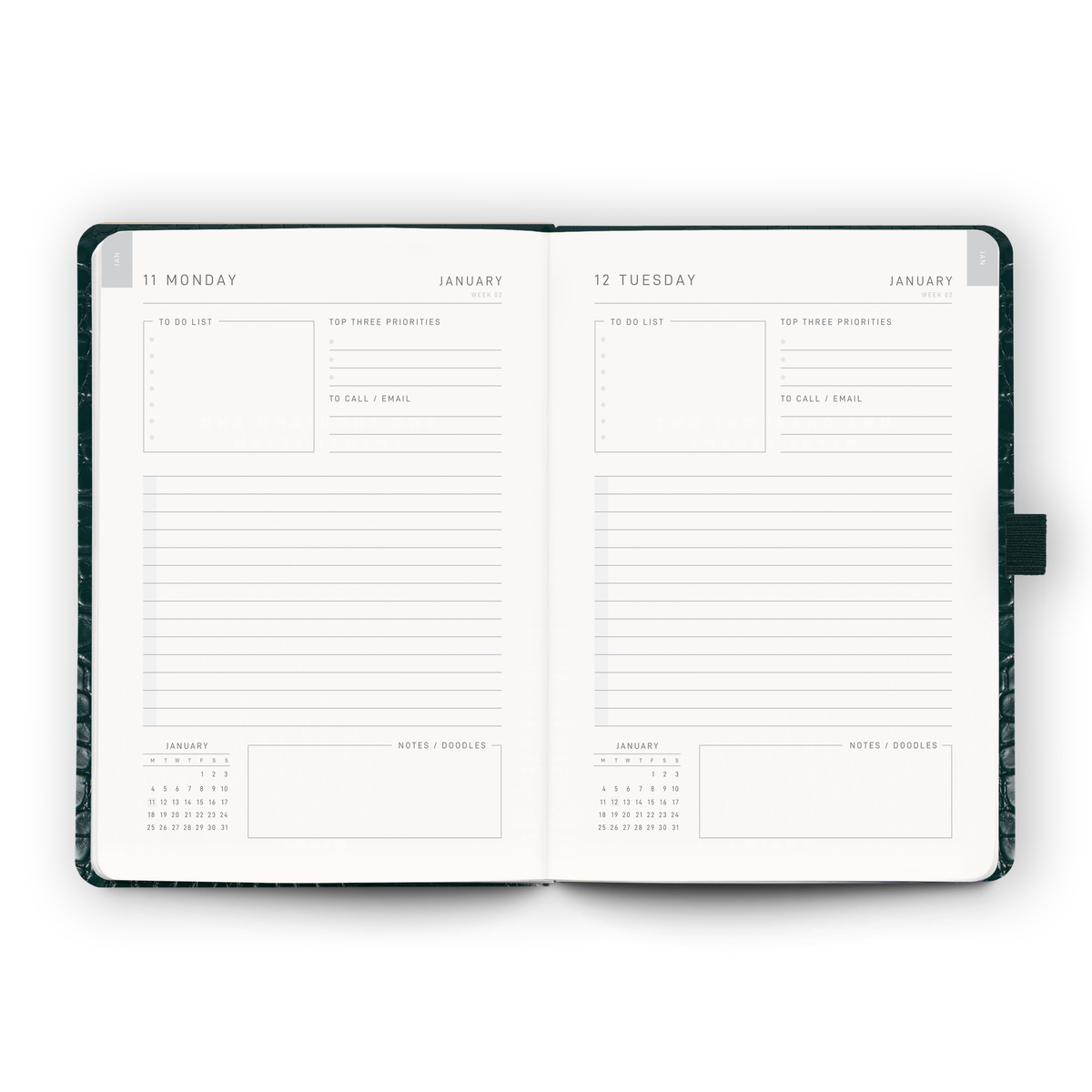 Open weekly planner spread inside the 2027 Daily Diary | Emerald Croc