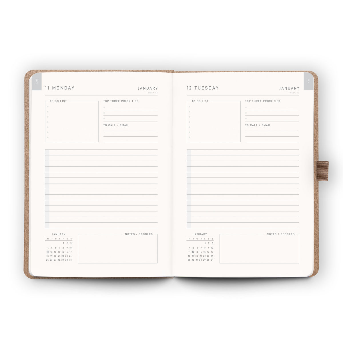 Open weekly planner spread inside the 2027 Daily Diary | Mocha