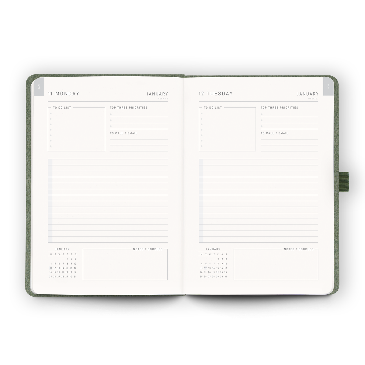 Open weekly planner spread inside the 2027 Daily Diary | Sage