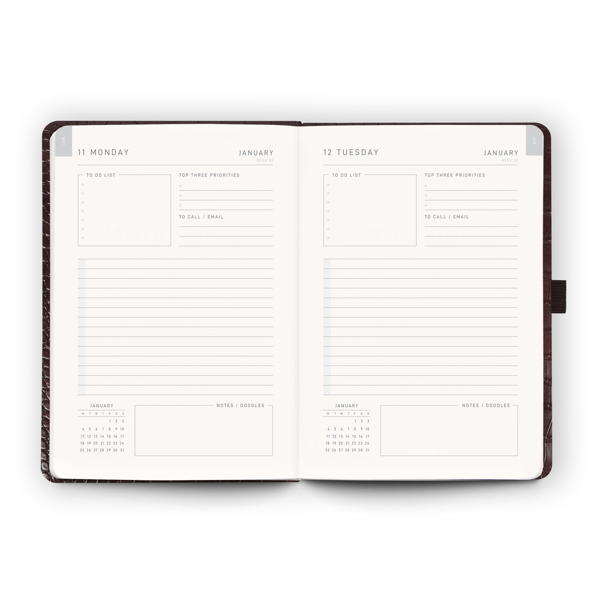 Open weekly planner spread inside the 2027 Daily Diary | Espresso Croc