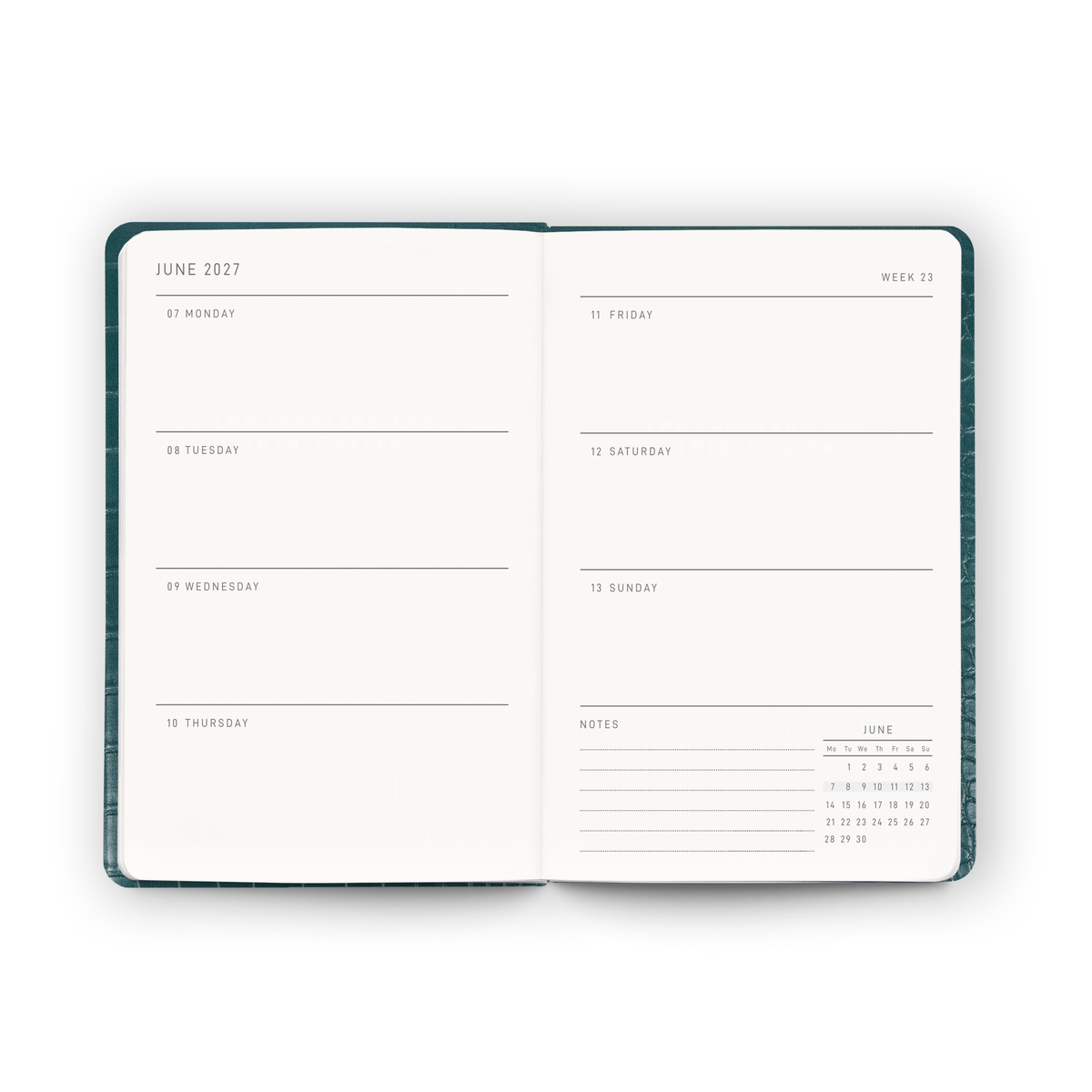 Open weekly planner spread inside the 2027 Pocket Diary | Caspian Croc