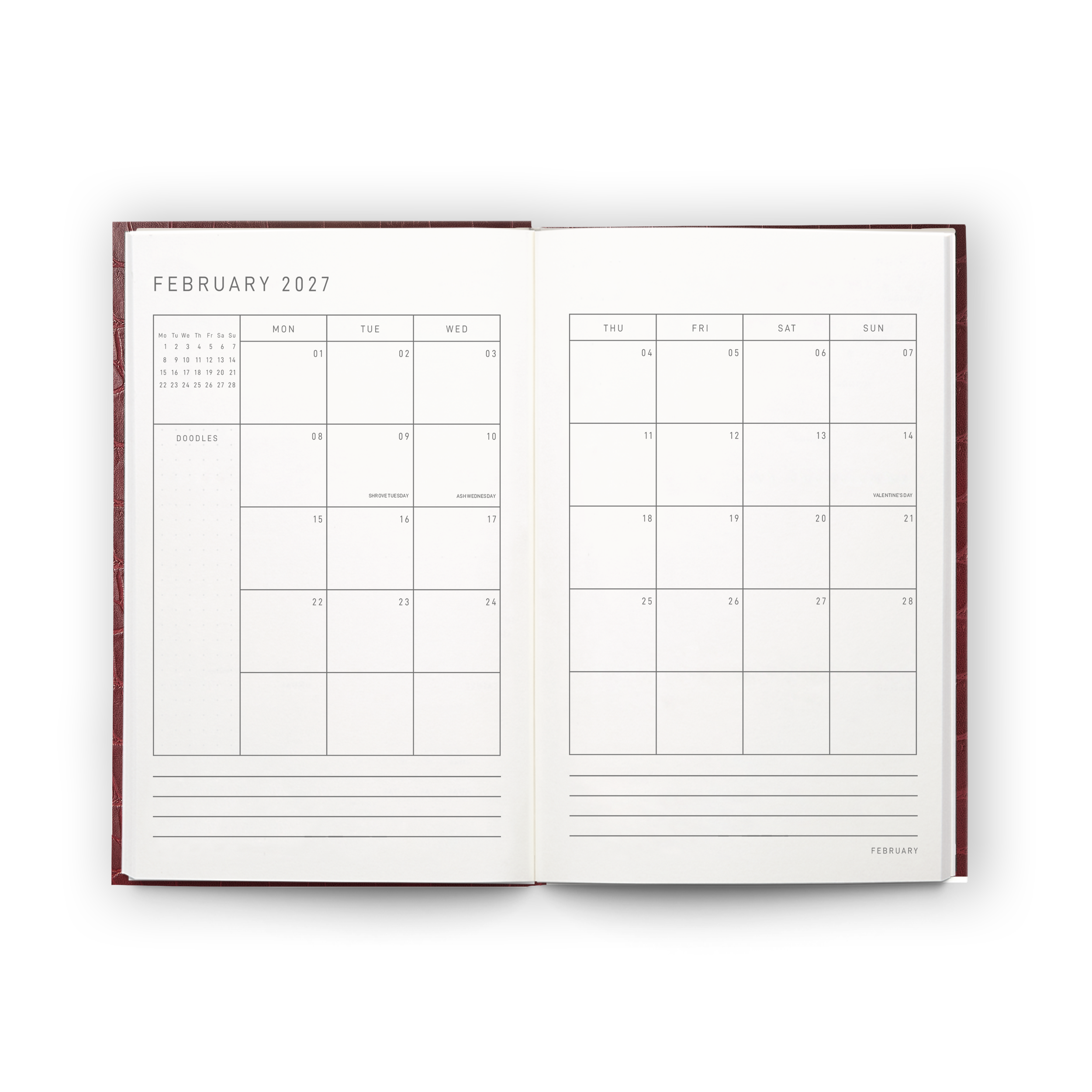 Open blank pages inside the 2027 Pocket Diary | Burgundy Croc