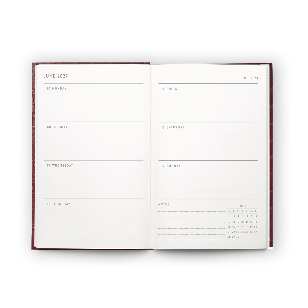 Open weekly planner spread inside the 2027 Pocket Diary | Burgundy Croc