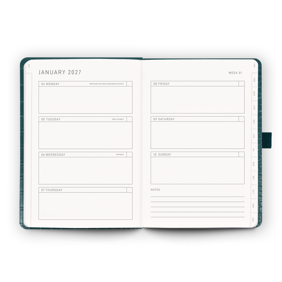 Open weekly planner spread inside the 2027 Weekly Diary | Caspian Croc