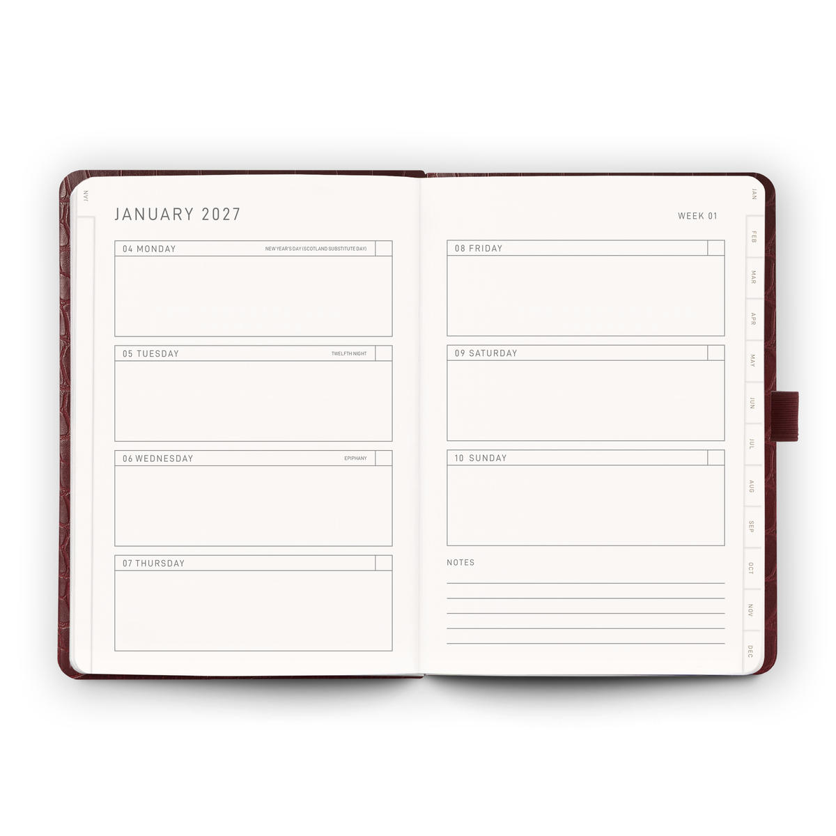 Open weekly planner spread inside the 2027 Weekly Diary | Burgundy Croc