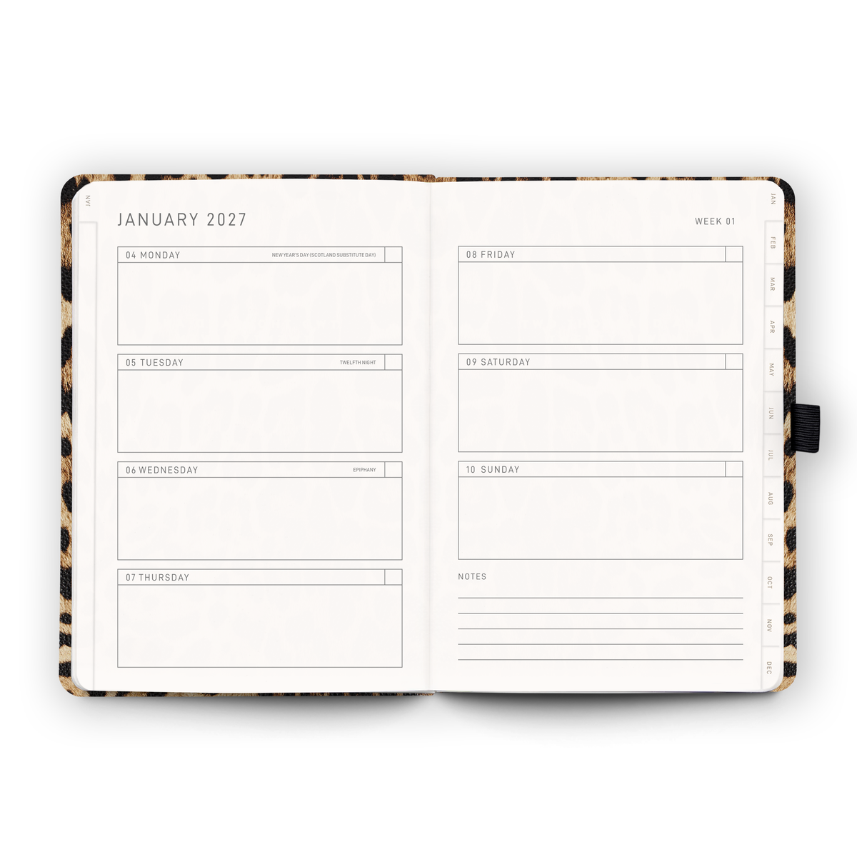 Open weekly planner spread inside the 2027 Weekly Diary | Savanna